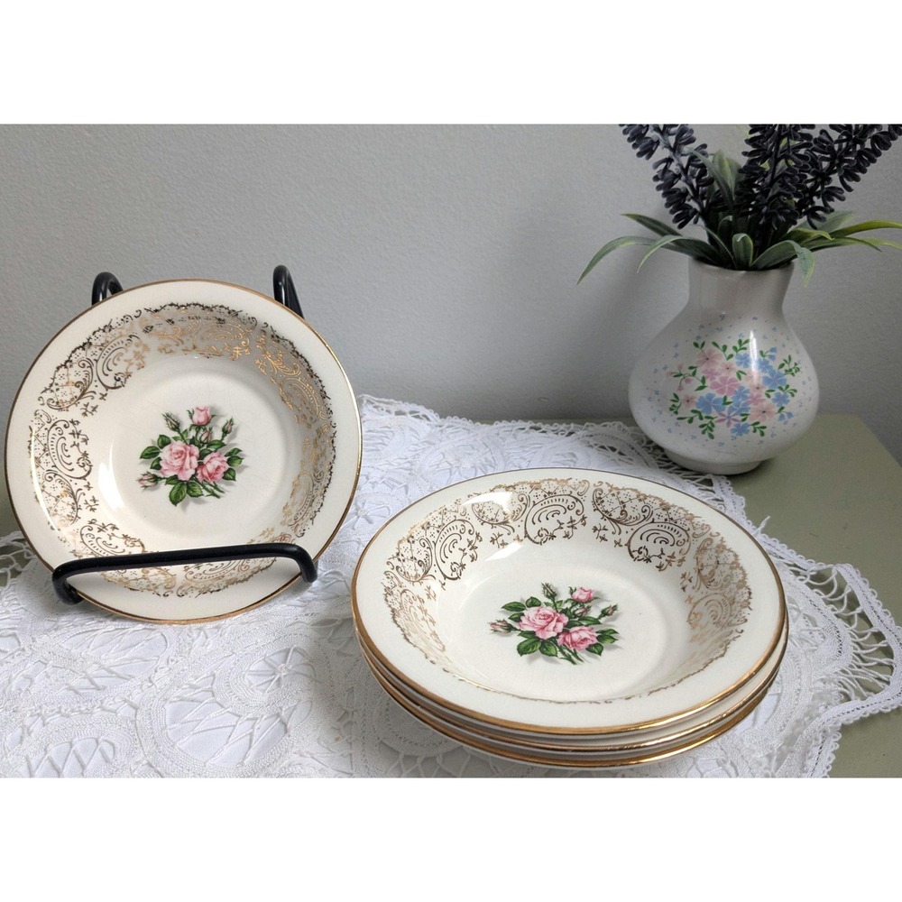 Set of 4 Vintage Tudor Rose Berry Bowls, Small Floral Dessert Bowls, Pink Rose